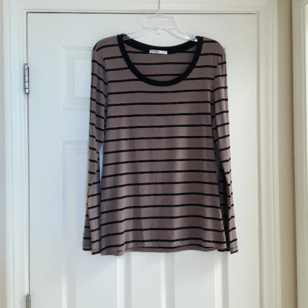 Femme Taupe & Black Long Sleeve Stripe Basic Shirt